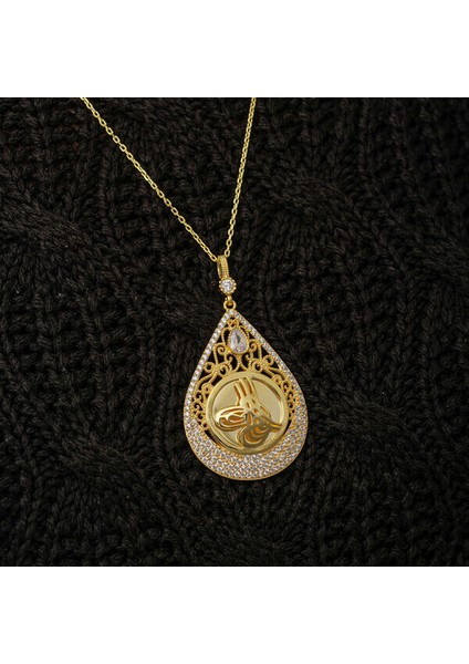 Gold Tuğralı Zirkon Taşlı 925 Ayar Gümüş Kadın Kolye