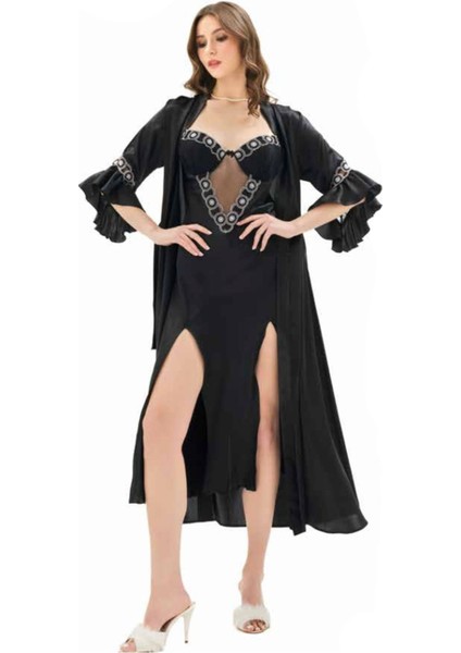 Iç Giyim Moongirl Saten Uzun Ikili Gecelik Takım