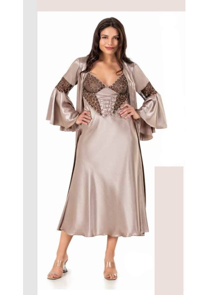 Iç Giyim Moongirl Saten Uzun Ikili Gecelik Takım