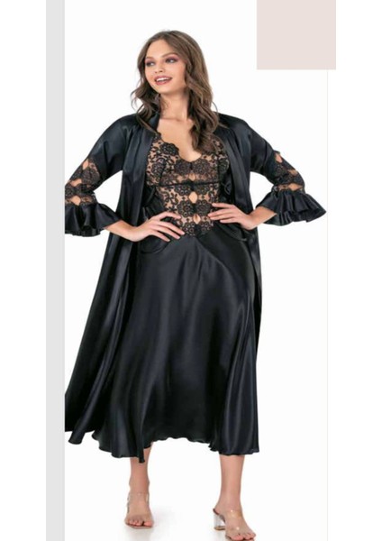 Iç Giyim Moongirl Saten Uzun Ikili Gecelik Takım