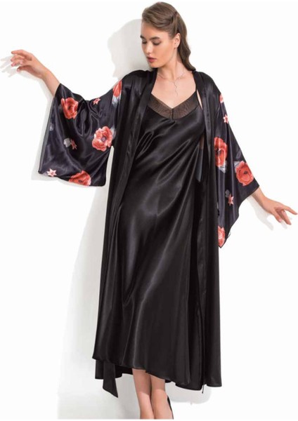 Iç Giyim Moongirl Saten Uzun Ikili Gecelik Takım