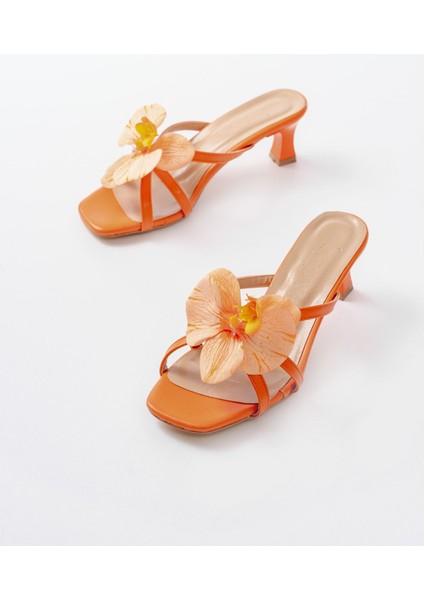 S-622 Orange Orkide Detaylı Ince Topuklu Kadın Terlik