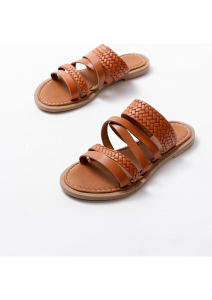 169-161 Taba Örgülü Ortopedik Taban Hakiki Deri Kadın Sandalet modelleri