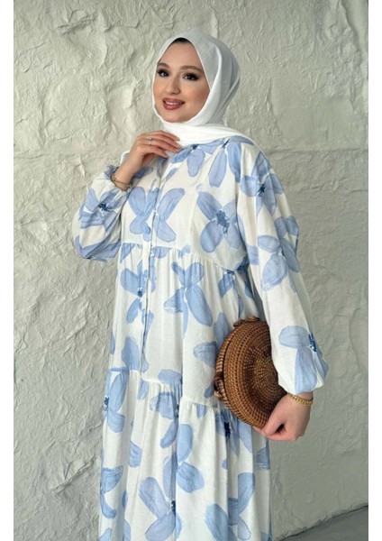 Kadın Mavi Çiçek Desenli Düğmeli Kat Kat Elbise