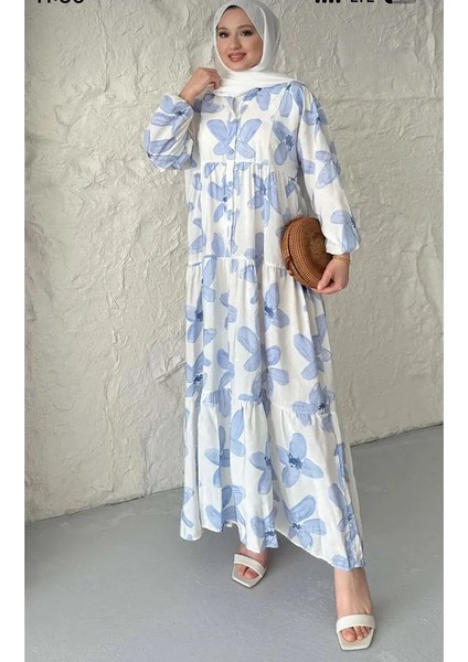 Kadın Mavi Çiçek Desenli Düğmeli Kat Kat Elbise fiyatları