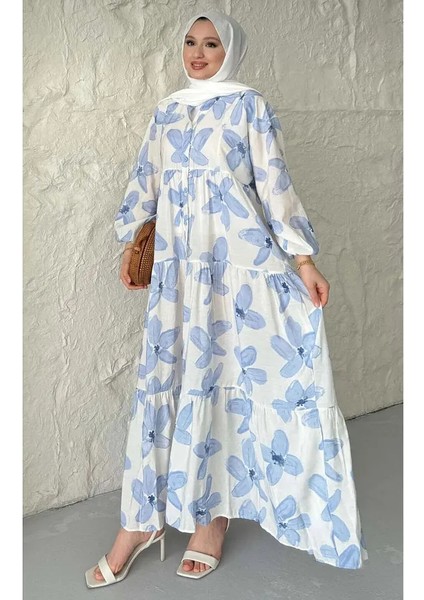 Kadın Mavi Çiçek Desenli Düğmeli Kat Kat Elbise modelleri