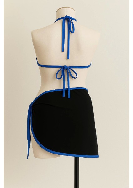 Kadın Mavi Pareolu Yandan ve Boyundan Bağlamalı 3'lü Bikini Takımı modelleri