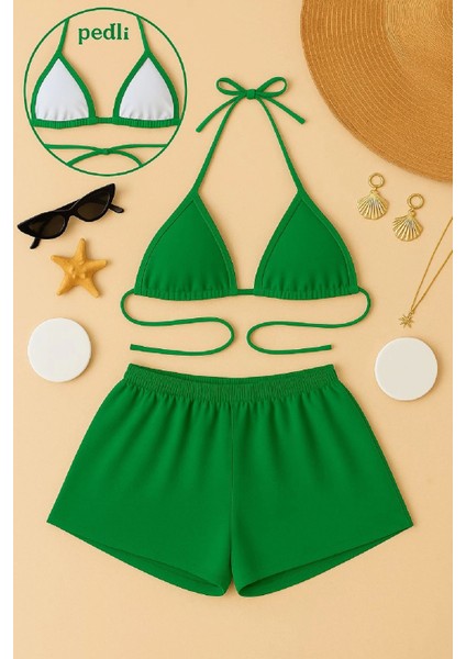 Kadın Yeşil Şortlu Belden ve Boyundan Bağlamalı Bikini Takımı