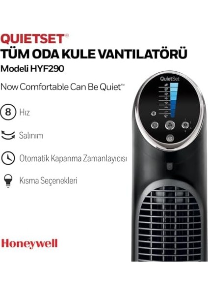 Quietset Tower HYF290, 8 Hız Ayarı, 80 Derece Salınım, Zamanlayıcı Fonksiyonu, Uzaktan Kumanda, Kısma Seçenekleri fiyatları