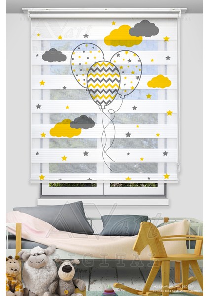 Sarı Gri Balon Baskılı Plise Pano Perde - Dijital Baskılı Zebra Stor Perde