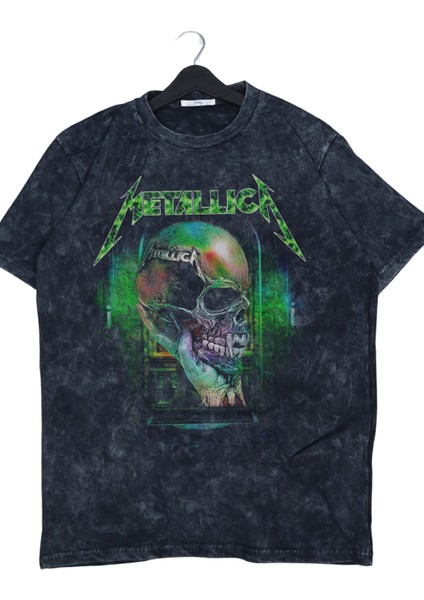 Unisex Yeşil Kuru Kafa Metallica Baskılı Vintage Tişört, Oversize Rock Baskılı Yıkamalı T-Shirt