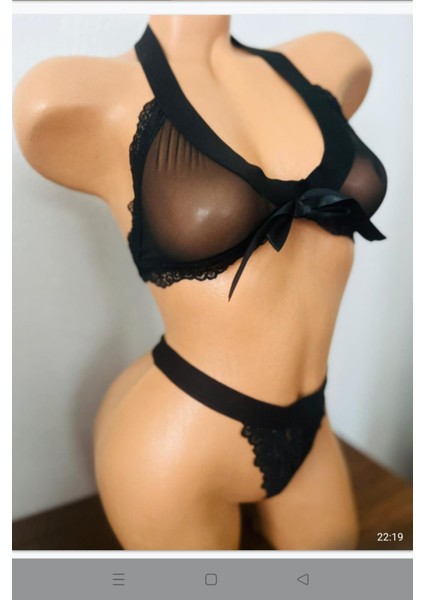 Siyah Fiyonk Detaylı Kenarları Dantelden Oluşan Transparan Sütyen ve Tanga Külot fiyatları