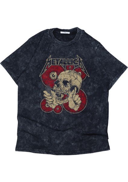 Unisex Metallica Baskılı Yıkamalı Tişört, Oversize Rock-Metal Baskılı Eskitme T-Shirt