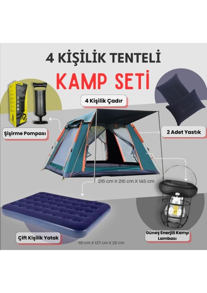 4 Kişilik Tam Otomatik Tenteli Kamp Çadırı + Çift Kişilik Şişme Yatak Seti + Lamba (Kamp Seti)