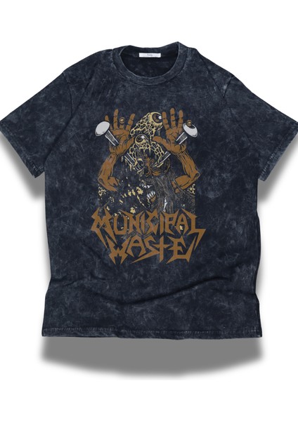 Unisex Municipal Waste Baskılı Yıkamalı Tişört, Oversize Rock-Metal Baskılı Eskitme T-Shirt