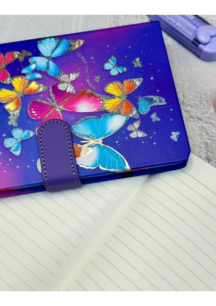 Kelebek Desenli Çizgili Sert Kapak Mıknatıslı Defter Mor fiyatları