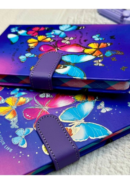 Kelebek Desenli Çizgili Sert Kapak Mıknatıslı Defter Mor modelleri