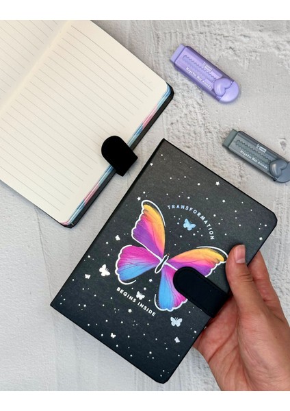 Kelebek Desenli Çizgili Sert Kapak Mıknatıslı Defter Siyah