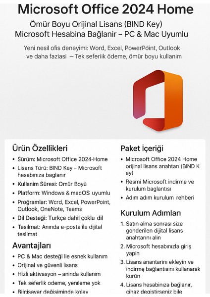 Office 2024 Home – Ömür Boyu Orijinal Lisans (Bınd Key) | Microsoft Hesabınıza Bağlanır – Pc & Mac Uyumlu fiyatları