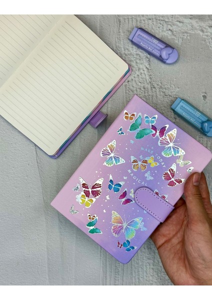 Kelebek Desenli Çizgili Sert Kapak Mıknatıslı Defter Lila