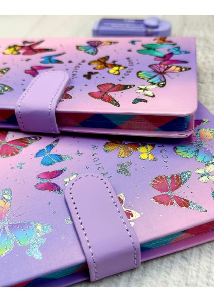 Kelebek Desenli Çizgili Sert Kapak Mıknatıslı Defter Lila indirimleri