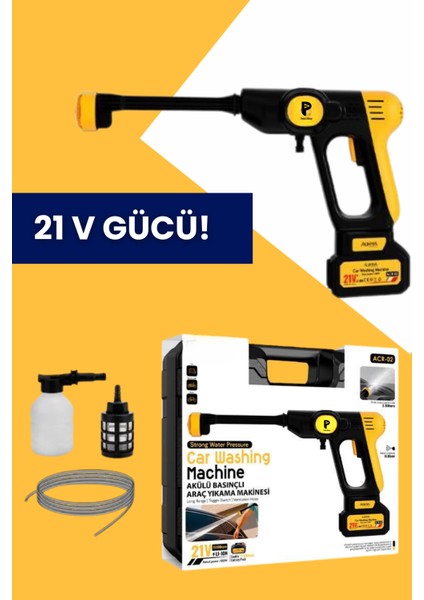 Basınçlı Bahçe / Araç Yıkama Makinesi – 21V Akülü , 6in1 Başlık, Çift Batarya