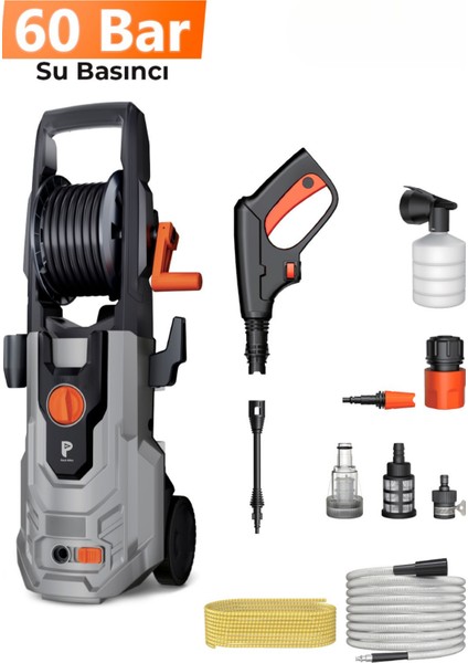 60 Bar Yüksek Basınçlı Bahçe ve Araç Yıkama Makinesi+Tekerlekli +1100W+KÖPÜK Tabancalı+8m Hortumlu modelleri