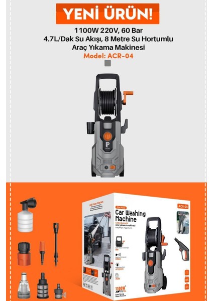 60 Bar Yüksek Basınçlı Bahçe ve Araç Yıkama Makinesi+Tekerlekli +1100W+KÖPÜK Tabancalı+8m Hortumlu fırsatları