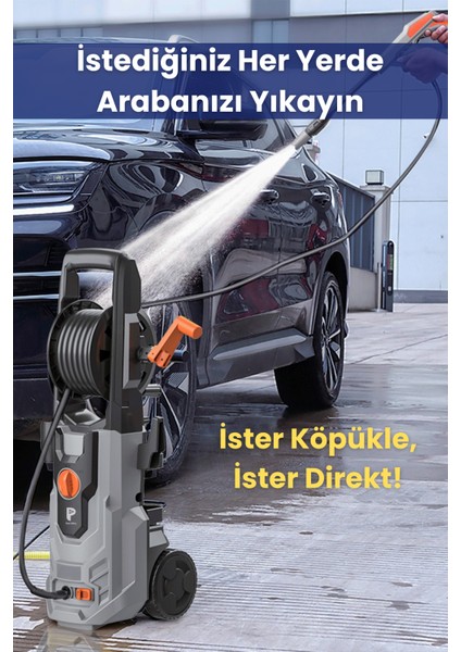 60 Bar Yüksek Basınçlı Bahçe ve Araç Yıkama Makinesi+Tekerlekli +1100W+KÖPÜK Tabancalı+8m Hortumlu