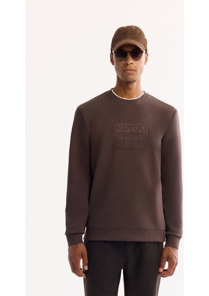 Erkek Kahve Bisiklet Yaka Pamuklu Bi-Stretch Baskılı Regular Fit Sweatshirt A52Y1289