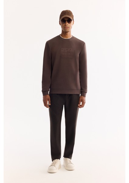 Erkek Kahve Bisiklet Yaka Pamuklu Bi-Stretch Baskılı Regular Fit Sweatshirt A52Y1289