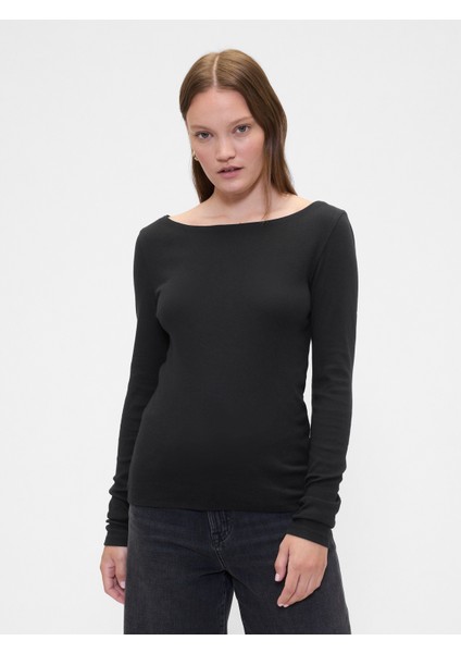 Kadın Siyah Modern Ribbed Boatneck T-Shirt (2'li)