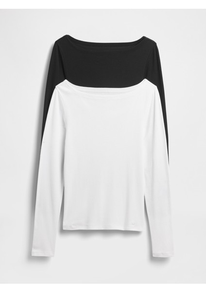 Kadın Siyah Modern Ribbed Boatneck T-Shirt (2'li) fiyatları