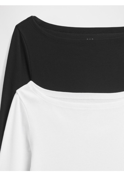 Kadın Siyah Modern Ribbed Boatneck T-Shirt (2'li) modelleri