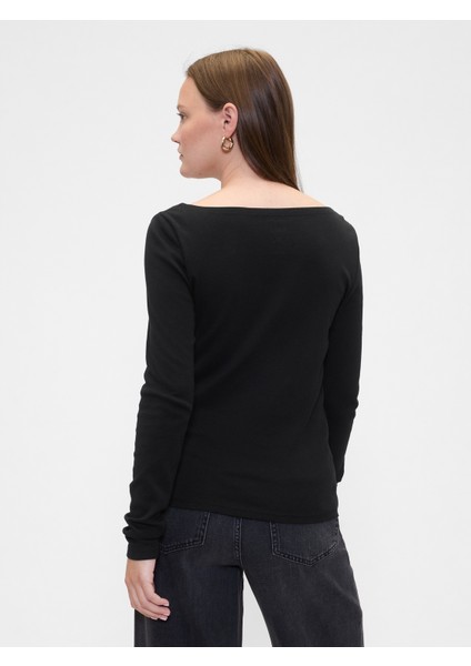 Kadın Siyah Modern Ribbed Boatneck T-Shirt (2'li) fırsatları