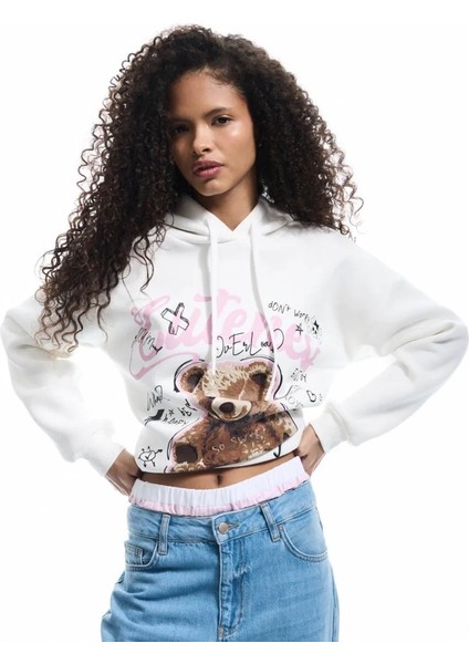 Şardonlu Uzun Kollu Kapüşonlu Ekru Kadın Sweatshirt 6WAL10135IK