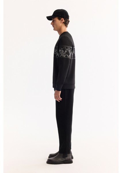 Erkek Siyah Bisiklet Yaka Pamuklu Bi-Stretch Baskılı Regular Fit Sweatshirt A52Y1256
