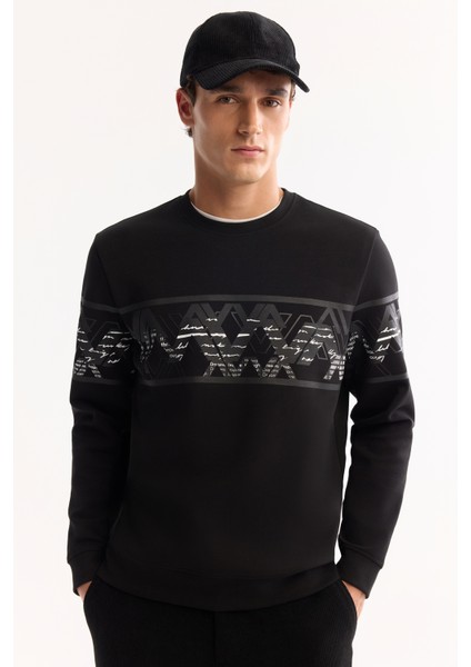 Erkek Siyah Bisiklet Yaka Pamuklu Bi-Stretch Baskılı Regular Fit Sweatshirt A52Y1256 modelleri