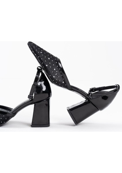 Borie Siyah Tekstil Kumaş Taşlı Kadın Topuklu Ayakkabı