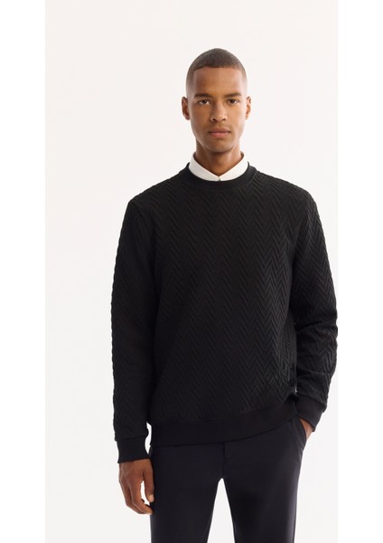 Erkek Siyah Bisiklet Yaka Dokulu Elastan Regular Fit Sweatshirt A52Y1216