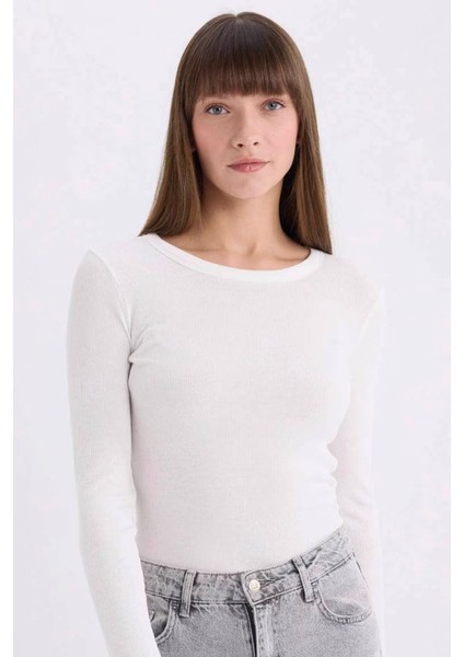 Slim Fit Dar Kesim Basic Düz Fitilli Kaşkorse Uzun Kollu Tişört E5767AX25AU