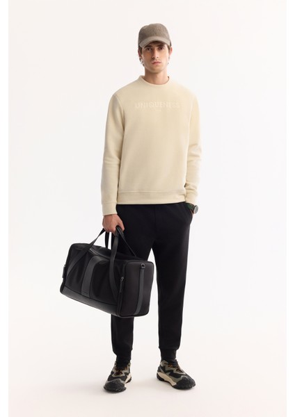 Erkek Ekru Bisiklet Yaka Soft Touch Baskılı Polar Regular Fit Sweatshirt A52Y1269