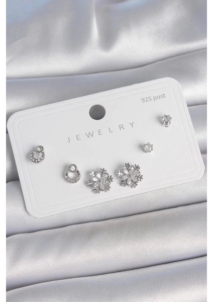 Pirinç Gümüş Renk Zirkon Taşlı Kar Tanesi Model 925 Ayar Gümüş Çivi Kadın Küpe Seti - BKP10483 (7272)