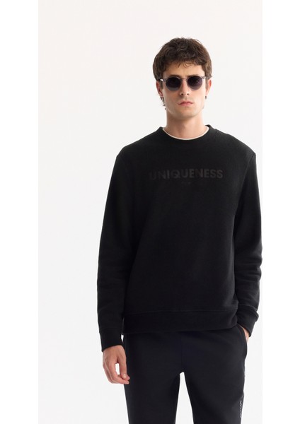 Erkek Siyah Bisiklet Yaka Soft Touch Baskılı Polar Regular Fit Sweatshirt A52Y1269