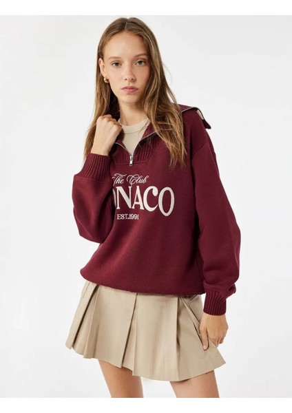 Yarım Fermuarlı Pamuklu Bordo Kadın Sweatshirt 6WAL10156IK fiyatları