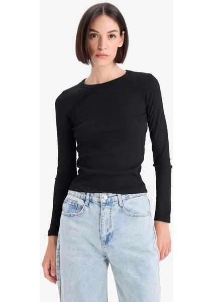 Slim Fit Dar Kesim Basic Düz Fitilli Kaşkorse Uzun Kollu Tişört E5767AX25AU fırsatları