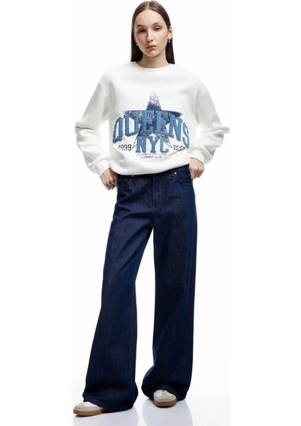 Üç Iplik Şardonlu Baskılı Oversize Ekru Kadın Sweatshirt 6WAL10127IK fiyatları
