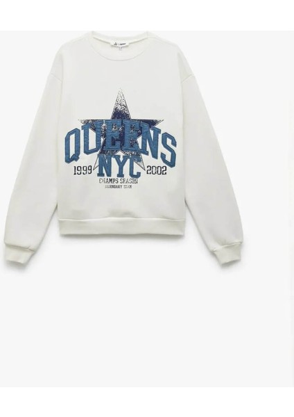Üç Iplik Şardonlu Baskılı Oversize Ekru Kadın Sweatshirt 6WAL10127IK modelleri