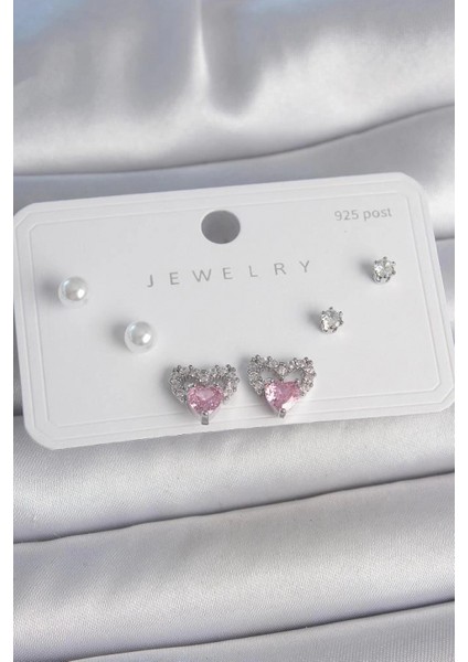 Pirinç Gümüş Renk Pembe Zirkon Taşlı Kalp Model Inci Detay 925 Ayar Gümüş Çivi Kadın Küpe Seti - BKP10489 (7272)