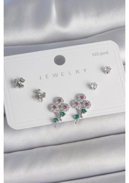 Pirinç Gümüş Renk Renkli Zirkon Taşlı Çiçek Model Yaprak Detay 925 Ayar Gümüş Çivi Kadın Küpe Seti - BKP10487 (7272)